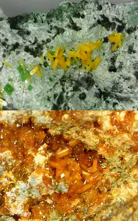Kasolite, Musonoi (top), Shinkolobwe (bottom).jpg
