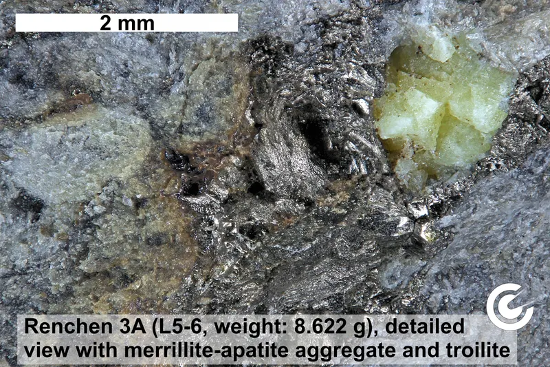 Meteorite Renchen, Sample R3A, Merrillite-Apatite Aggregate and Troilite.jpg