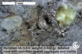 Meteorite Renchen, Sample R3A, Merrillite-Apatite Aggregate and Troilite.jpg