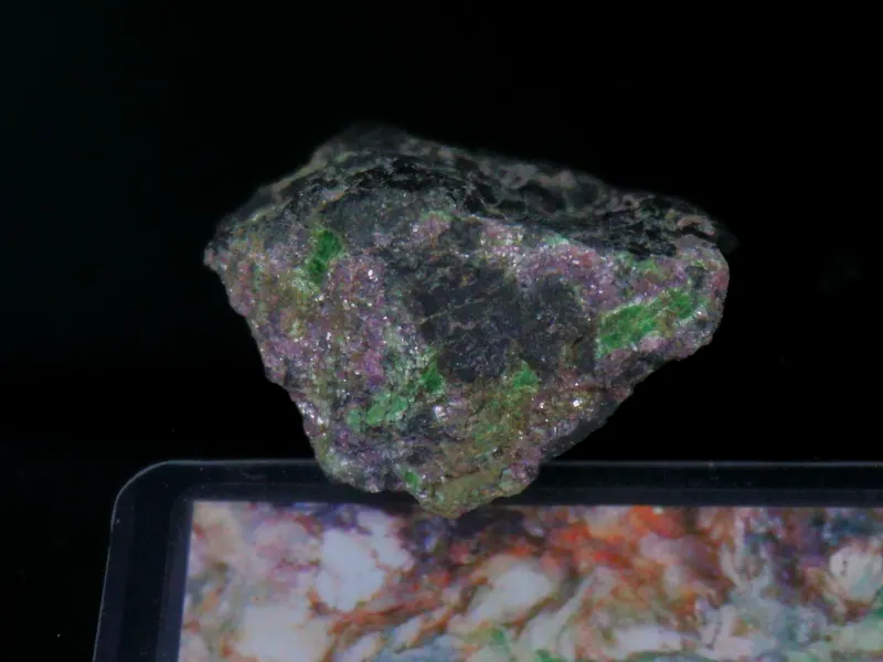 Chromio-pargasite (Ehimeite) displayed at Mining Museum of Akita University.jpg