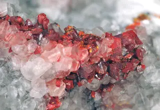 Realgar & pararealgar & calcite on marble (Middle Eocene mineralization, 39 Ma; Getchell Mine, northern Osgood Mountains, northern Nevada, USA) 2 (18909791261).jpg